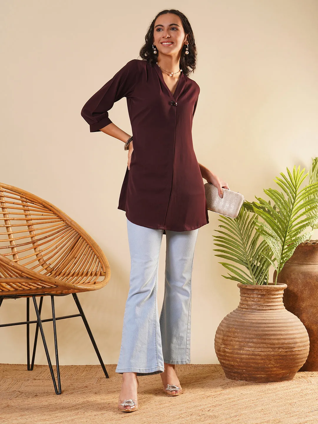 Exclusive V Neckline Rayon Solid Wine  Straight Tunic For Women ZOLA