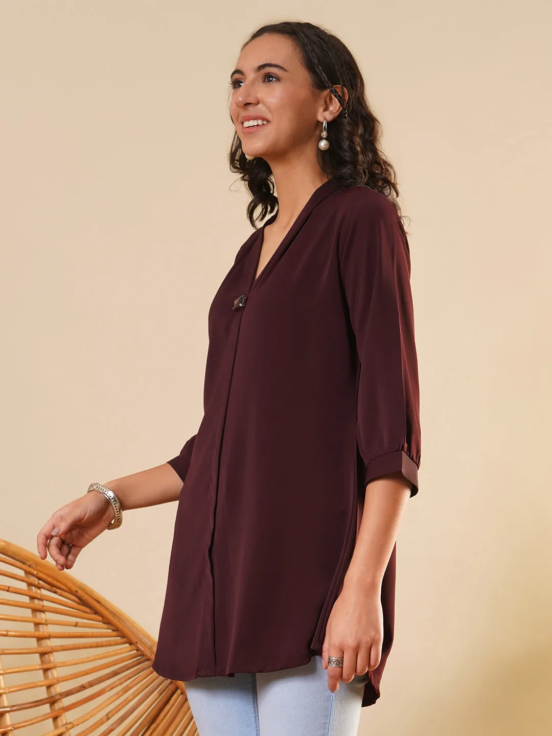 Exclusive V Neckline Rayon Solid Wine  Straight Tunic For Women ZOLA