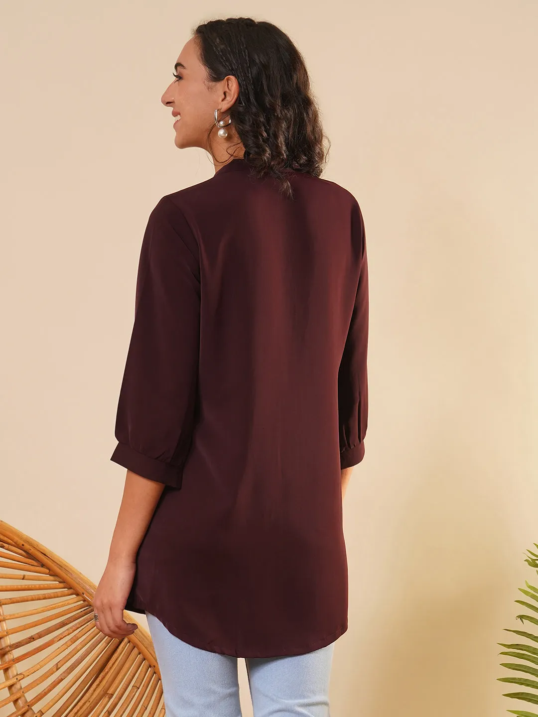 Exclusive V Neckline Rayon Solid Wine  Straight Tunic For Women ZOLA