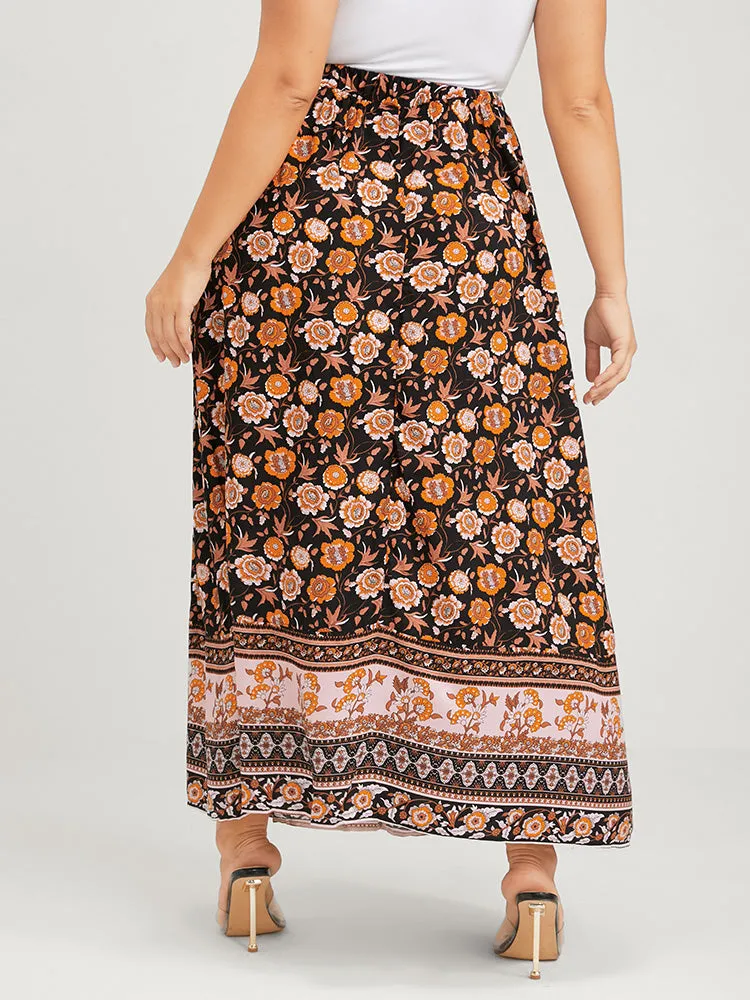 Floral Elastic Waist Button Pocket Split Skirt