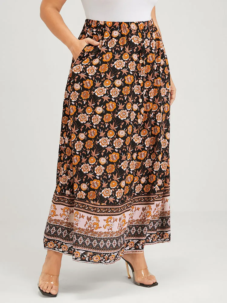 Floral Elastic Waist Button Pocket Split Skirt