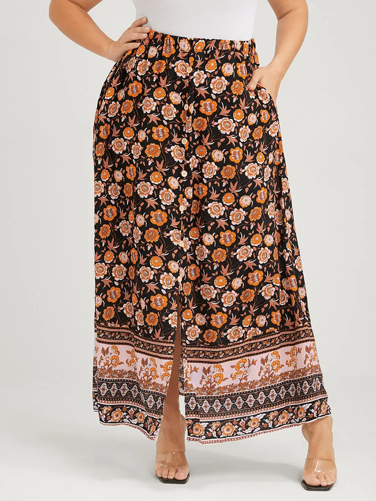 Floral Elastic Waist Button Pocket Split Skirt