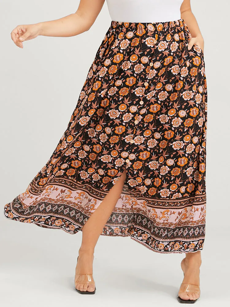 Floral Elastic Waist Button Pocket Split Skirt