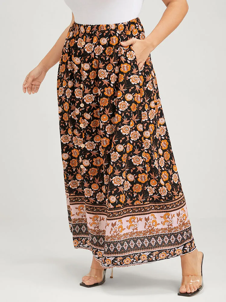 Floral Elastic Waist Button Pocket Split Skirt