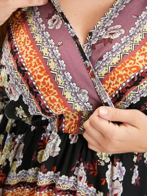 Floral High Low Hem Flutter Button Wrap Blouse