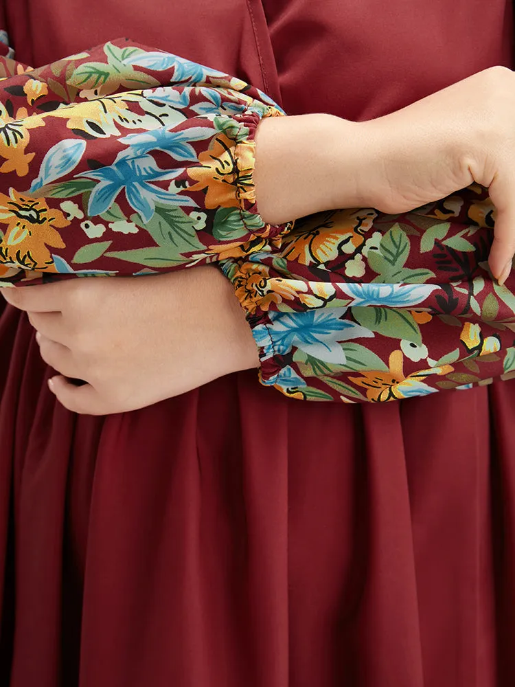 Floral Lantern Sleeve Surplice Neck Belted Midi Dress