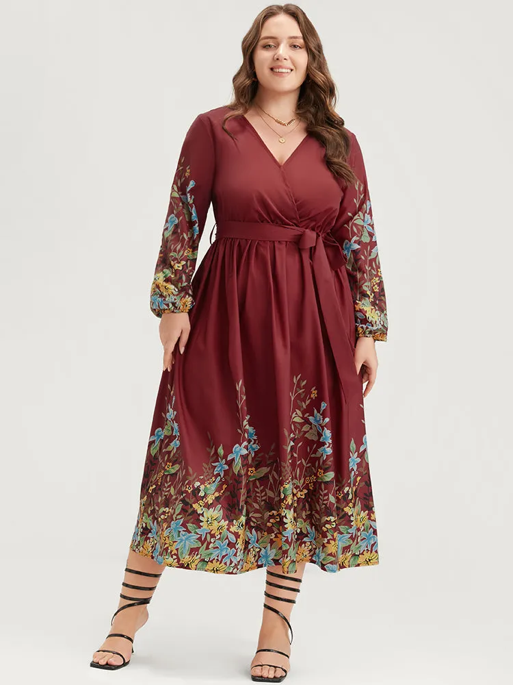 Floral Lantern Sleeve Surplice Neck Belted Midi Dress