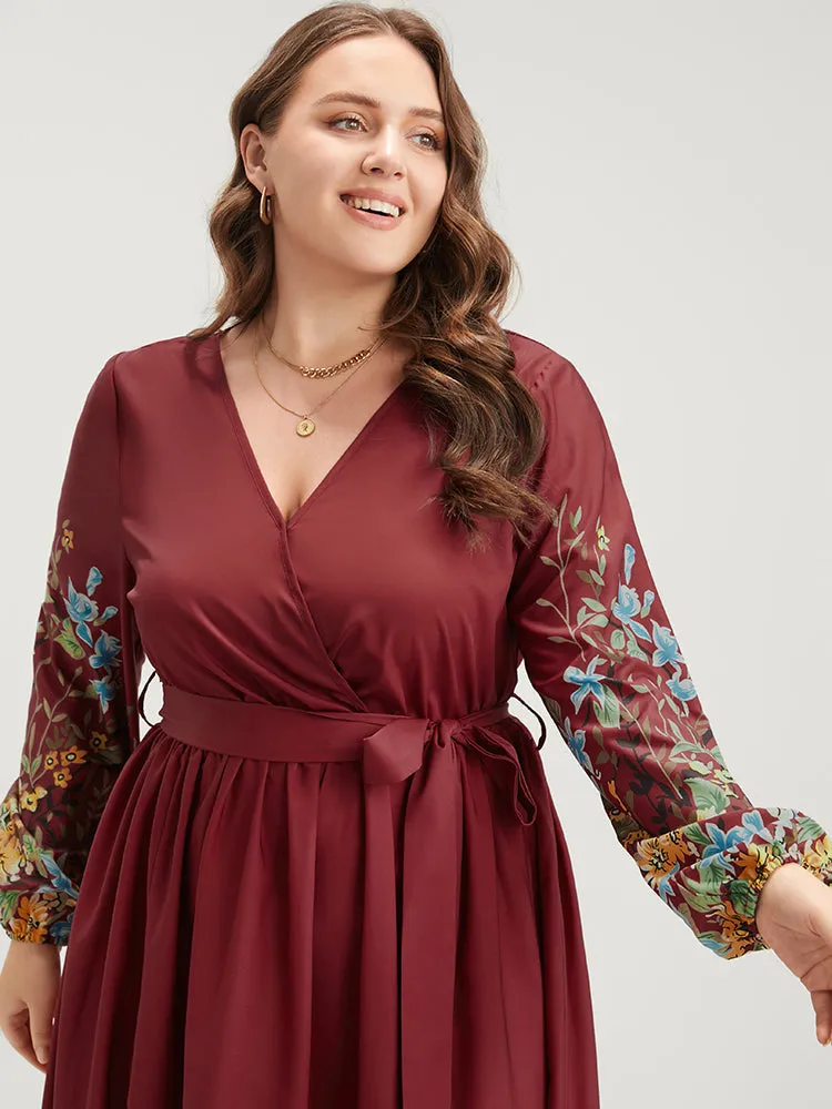 Floral Lantern Sleeve Surplice Neck Belted Midi Dress