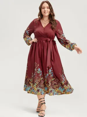 Floral Lantern Sleeve Surplice Neck Belted Midi Dress