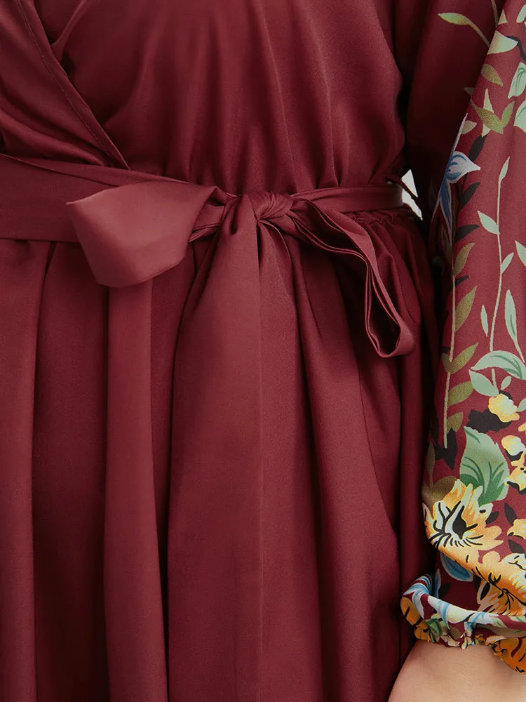 Floral Lantern Sleeve Surplice Neck Belted Midi Dress