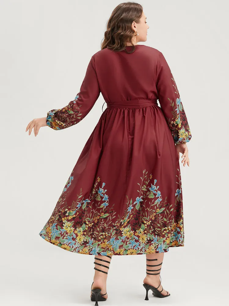 Floral Lantern Sleeve Surplice Neck Belted Midi Dress