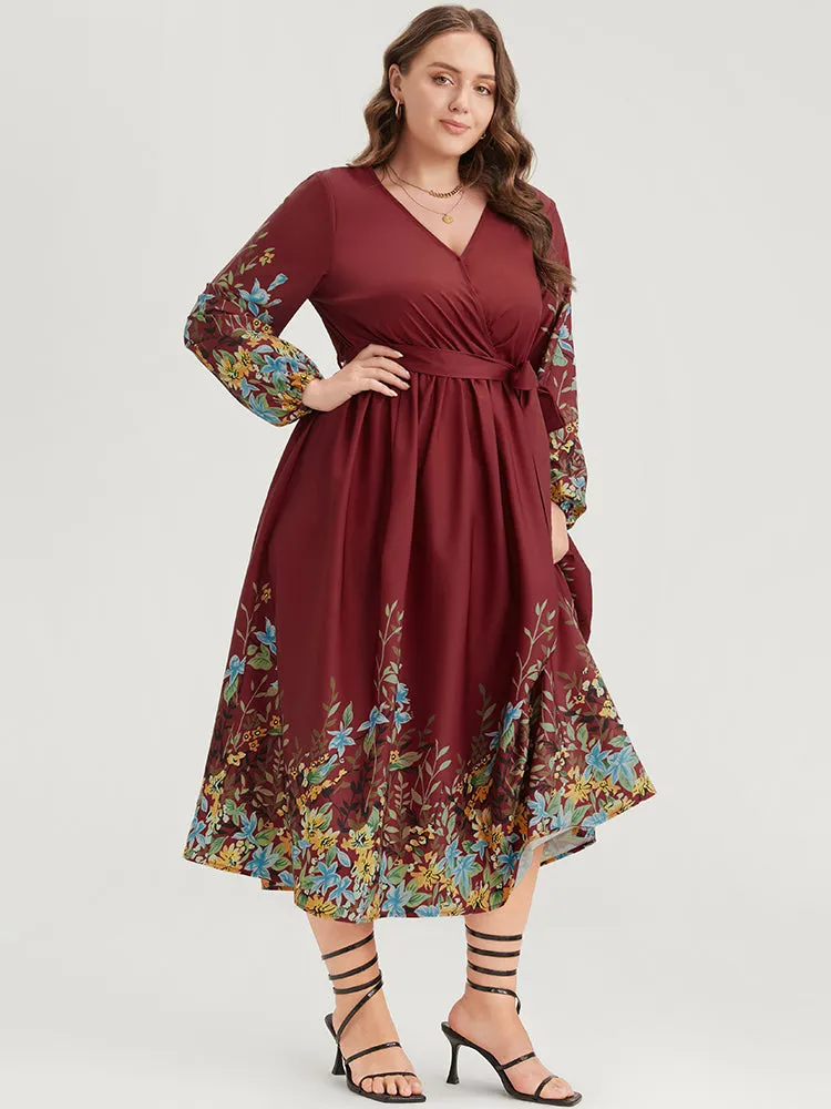 Floral Lantern Sleeve Surplice Neck Belted Midi Dress