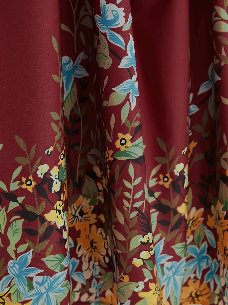 Floral Lantern Sleeve Surplice Neck Belted Midi Dress