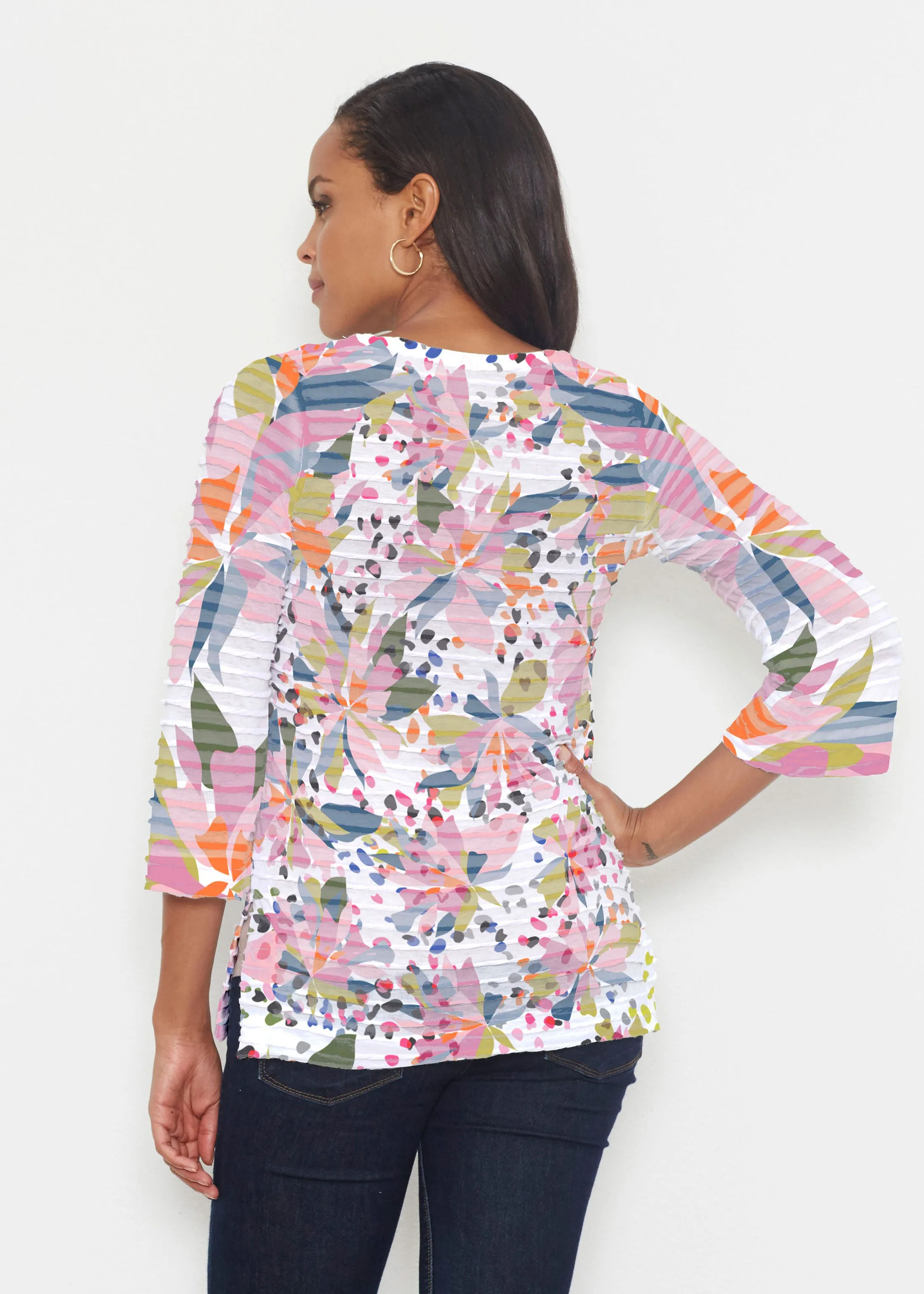 Floral Leopard (7810) ~ Banded 3/4 Bell-Sleeve V-Neck Tunic
