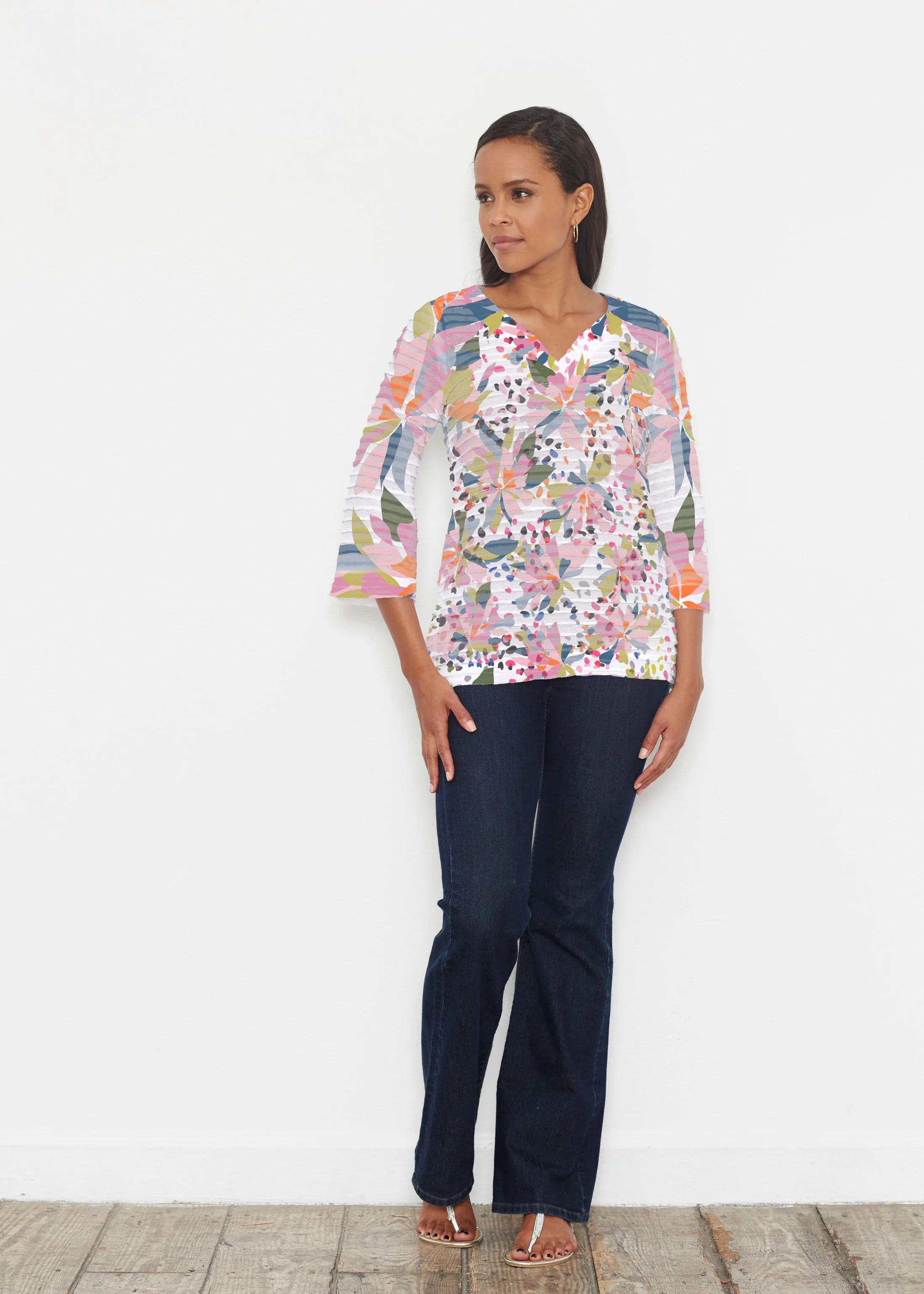 Floral Leopard (7810) ~ Banded 3/4 Bell-Sleeve V-Neck Tunic