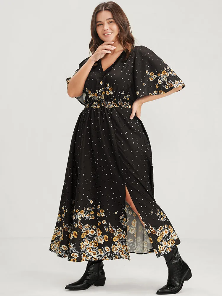 Floral Pocket Split Hem Flutter Shirred Maxi Dress