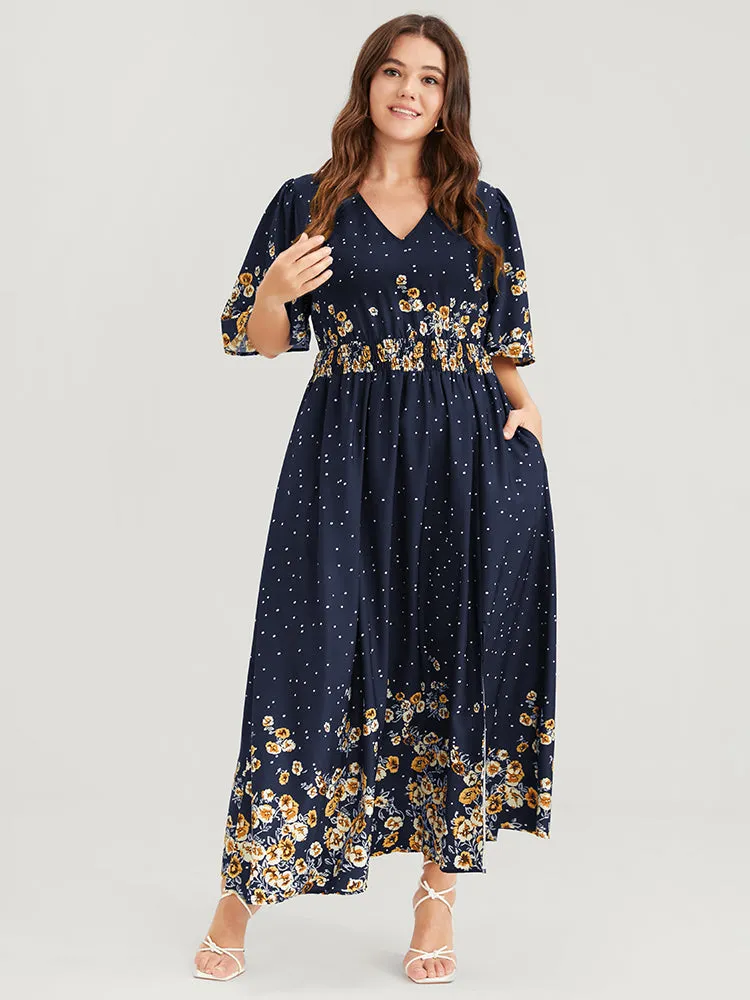 Floral Pocket Split Hem Flutter Shirred Maxi Dress