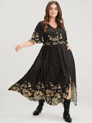 Floral Pocket Split Hem Flutter Shirred Maxi Dress