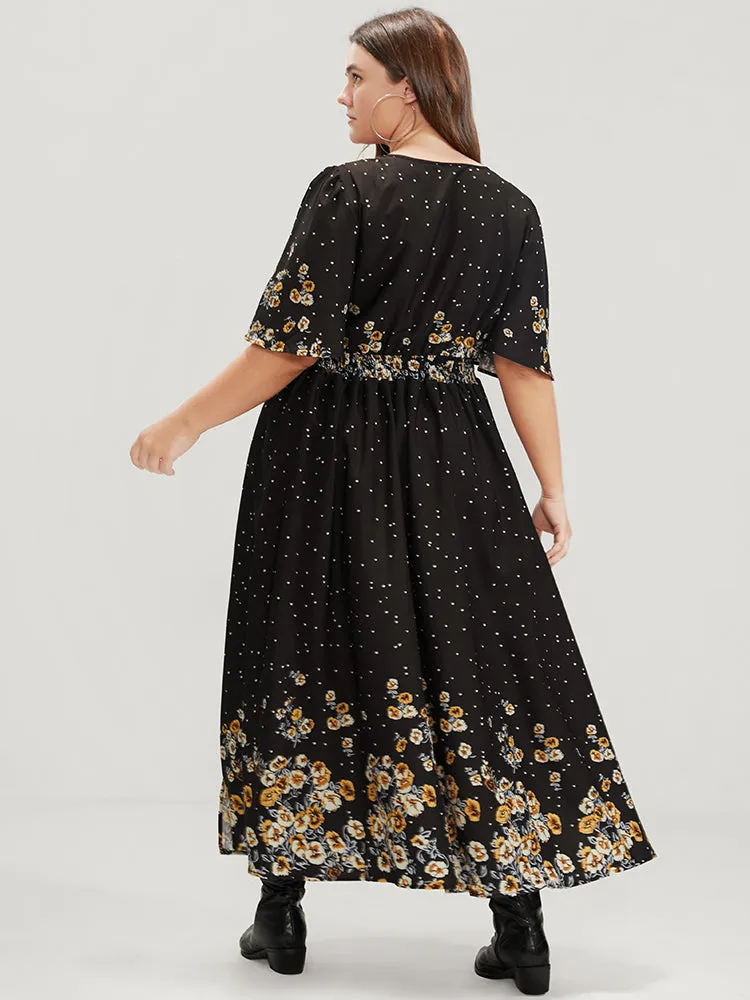 Floral Pocket Split Hem Flutter Shirred Maxi Dress