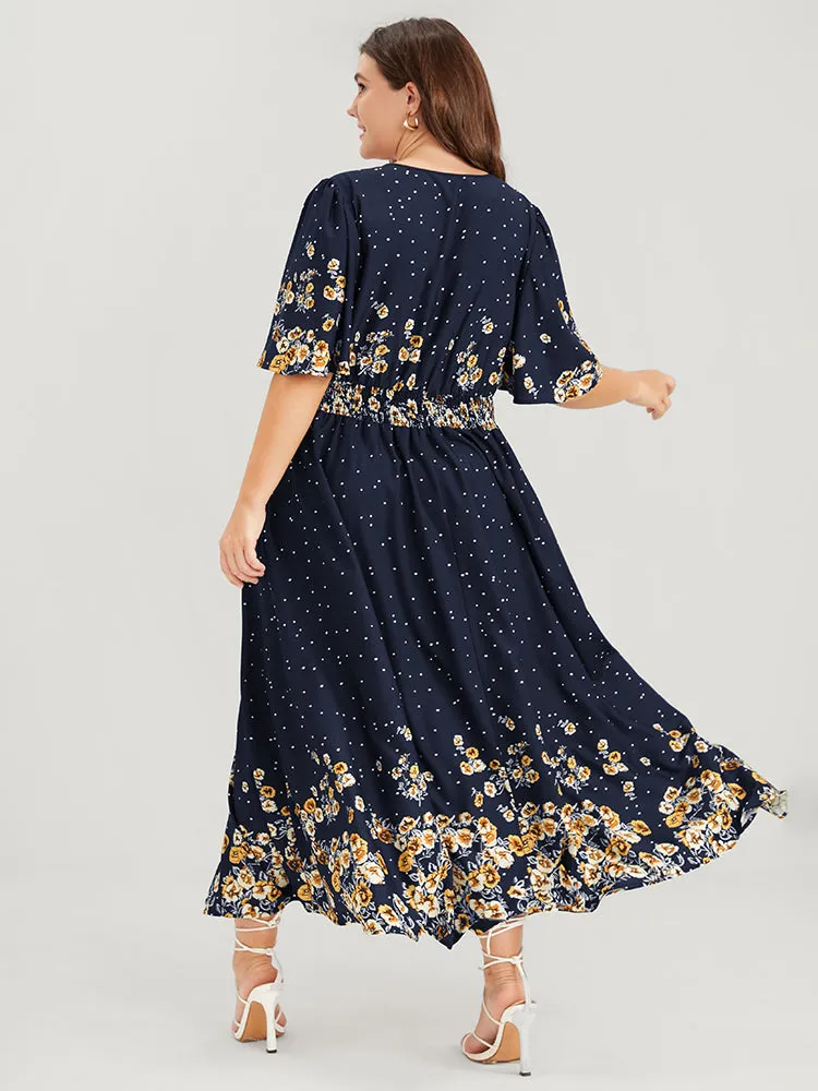 Floral Pocket Split Hem Flutter Shirred Maxi Dress