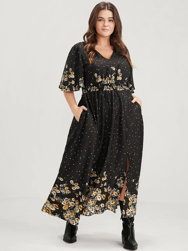 Floral Pocket Split Hem Flutter Shirred Maxi Dress
