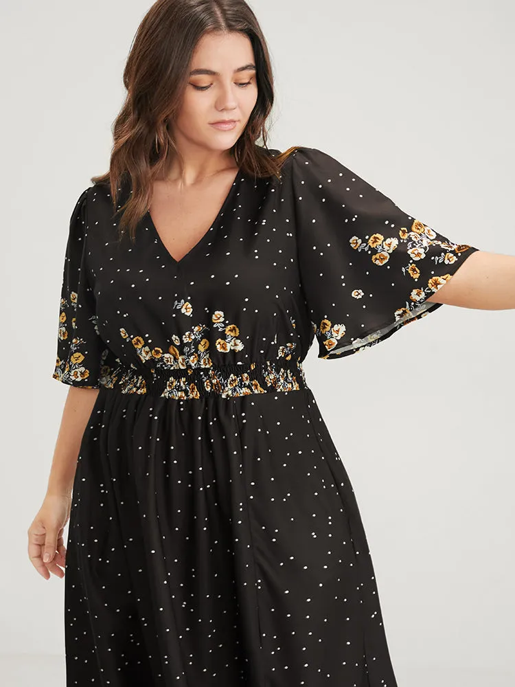 Floral Pocket Split Hem Flutter Shirred Maxi Dress