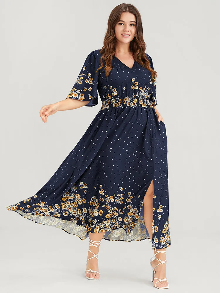 Floral Pocket Split Hem Flutter Shirred Maxi Dress