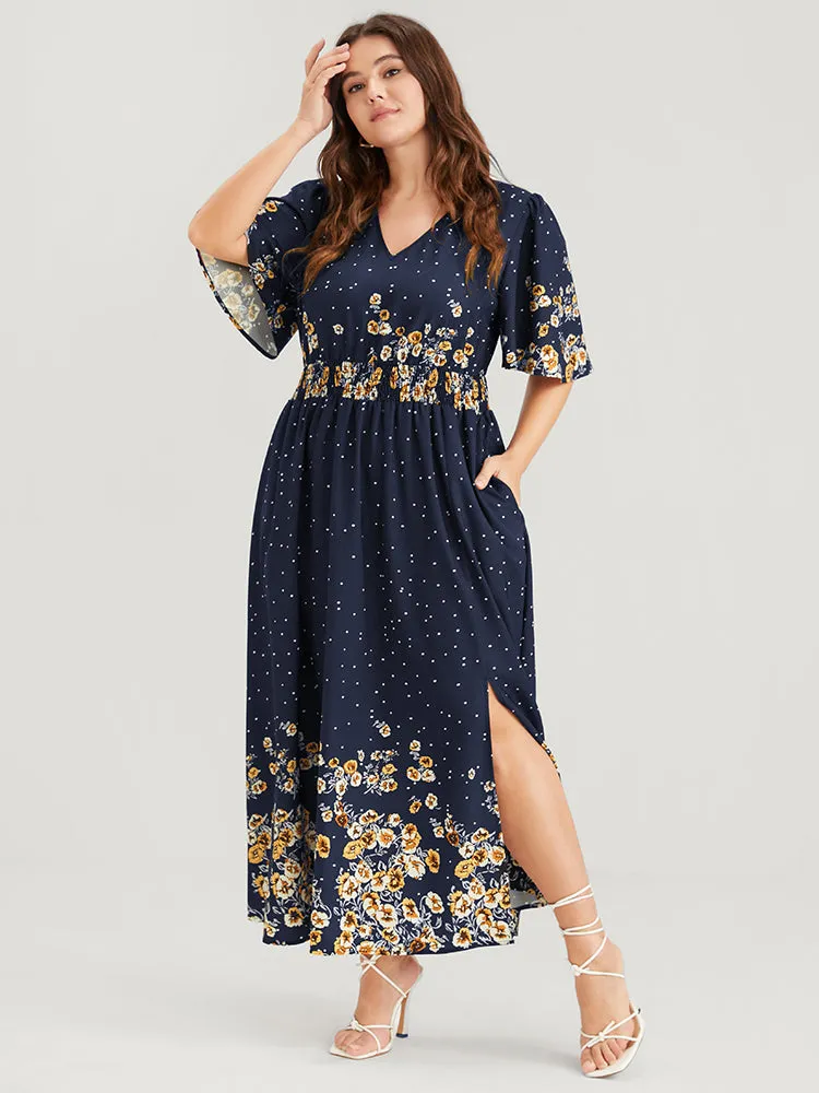 Floral Pocket Split Hem Flutter Shirred Maxi Dress