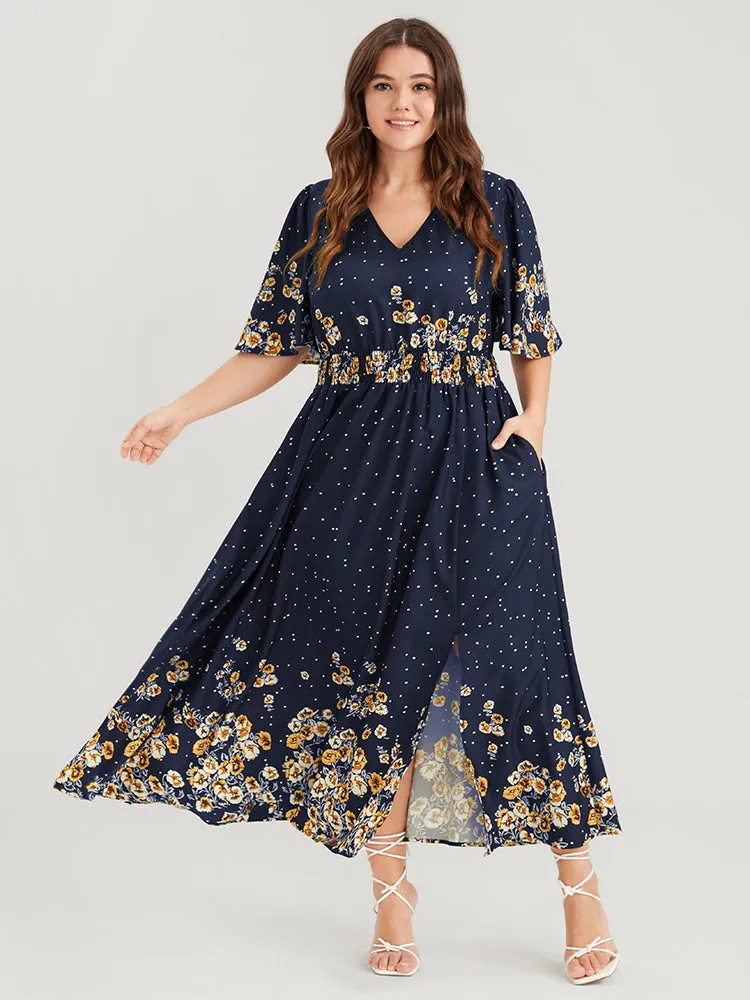 Floral Pocket Split Hem Flutter Shirred Maxi Dress