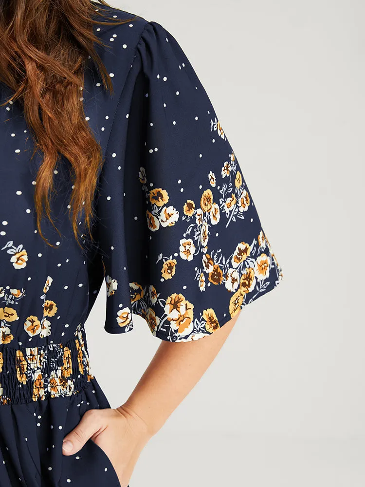 Floral Pocket Split Hem Flutter Shirred Maxi Dress