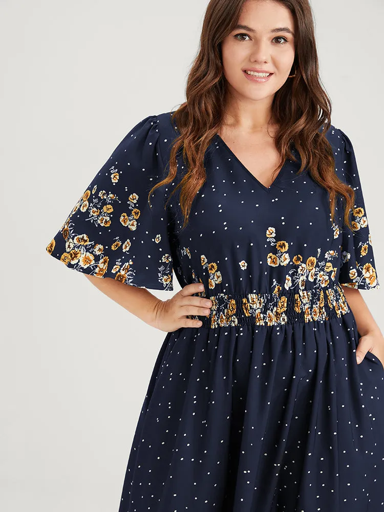 Floral Pocket Split Hem Flutter Shirred Maxi Dress