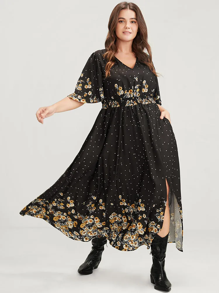 Floral Pocket Split Hem Flutter Shirred Maxi Dress