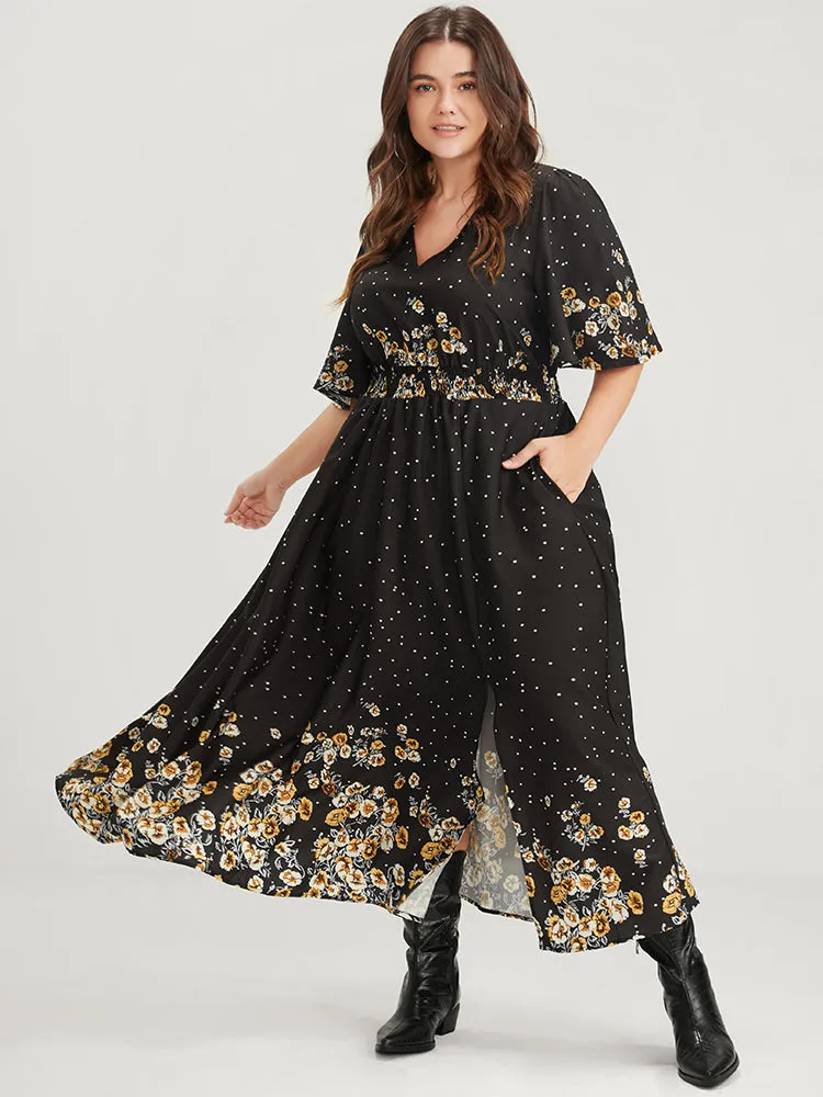 Floral Pocket Split Hem Flutter Shirred Maxi Dress