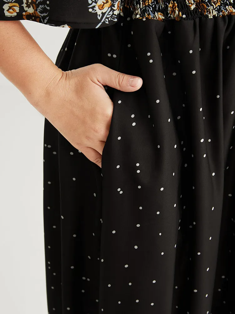 Floral Pocket Split Hem Flutter Shirred Maxi Dress