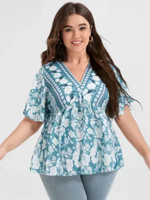 Floral Print Ties Ruffled Babydoll V Neck Blouse