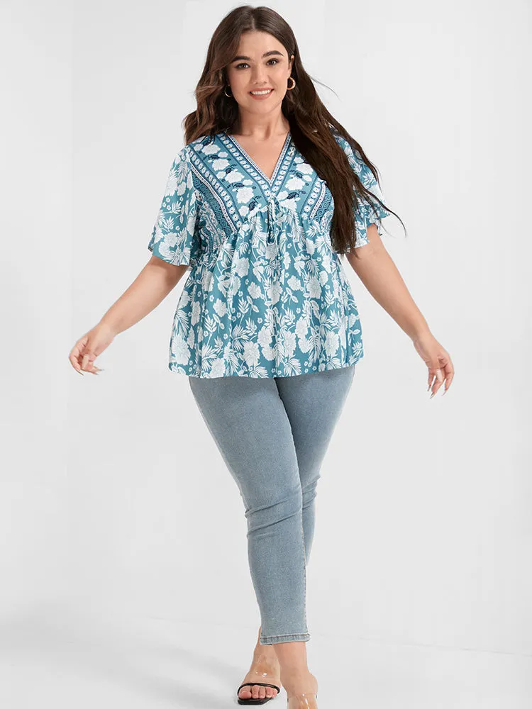 Floral Print Ties Ruffled Babydoll V Neck Blouse
