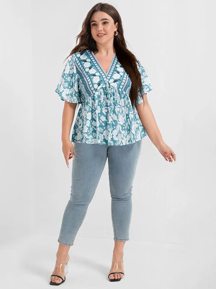 Floral Print Ties Ruffled Babydoll V Neck Blouse
