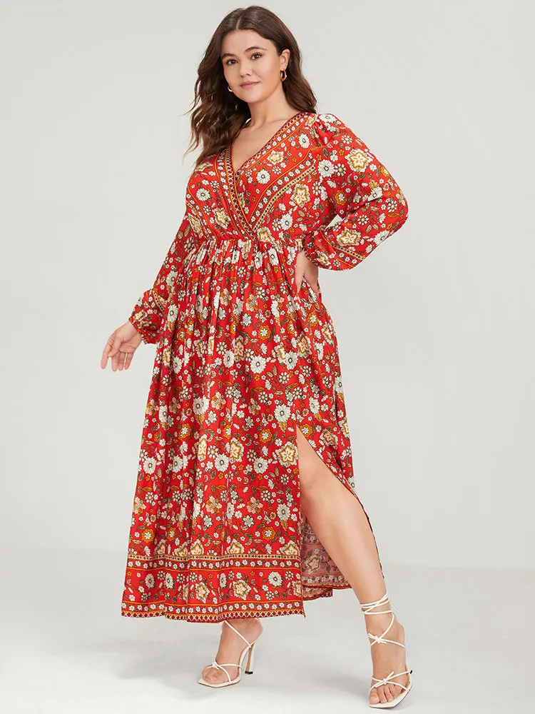 Floral Split Pocket Wrap Lantern Sleeve Ruffled Maxi Dress