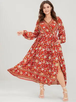 Floral Split Pocket Wrap Lantern Sleeve Ruffled Maxi Dress