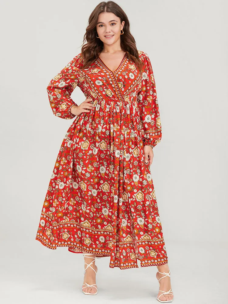 Floral Split Pocket Wrap Lantern Sleeve Ruffled Maxi Dress