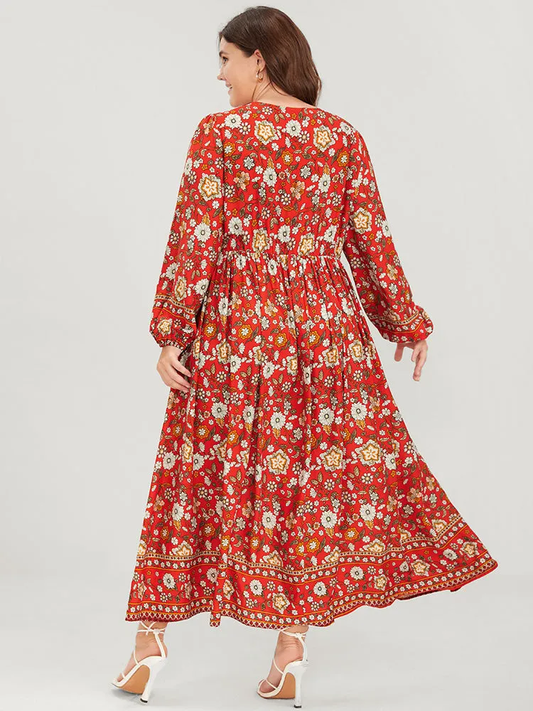 Floral Split Pocket Wrap Lantern Sleeve Ruffled Maxi Dress