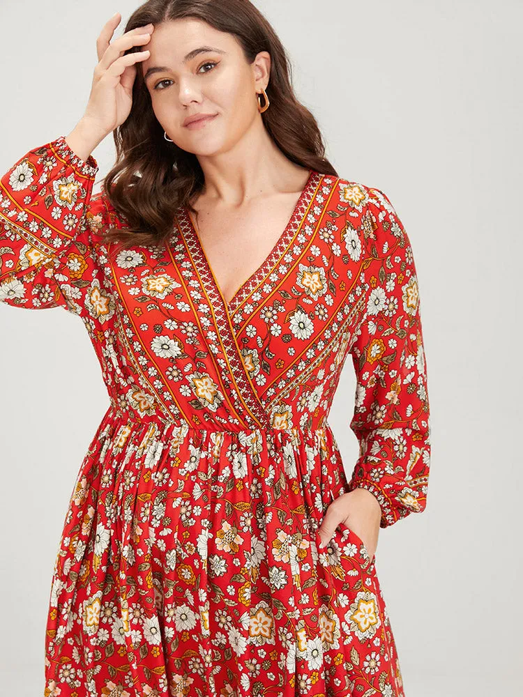 Floral Split Pocket Wrap Lantern Sleeve Ruffled Maxi Dress