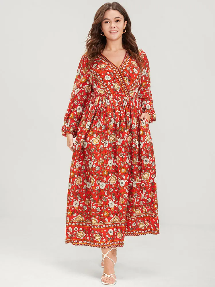 Floral Split Pocket Wrap Lantern Sleeve Ruffled Maxi Dress