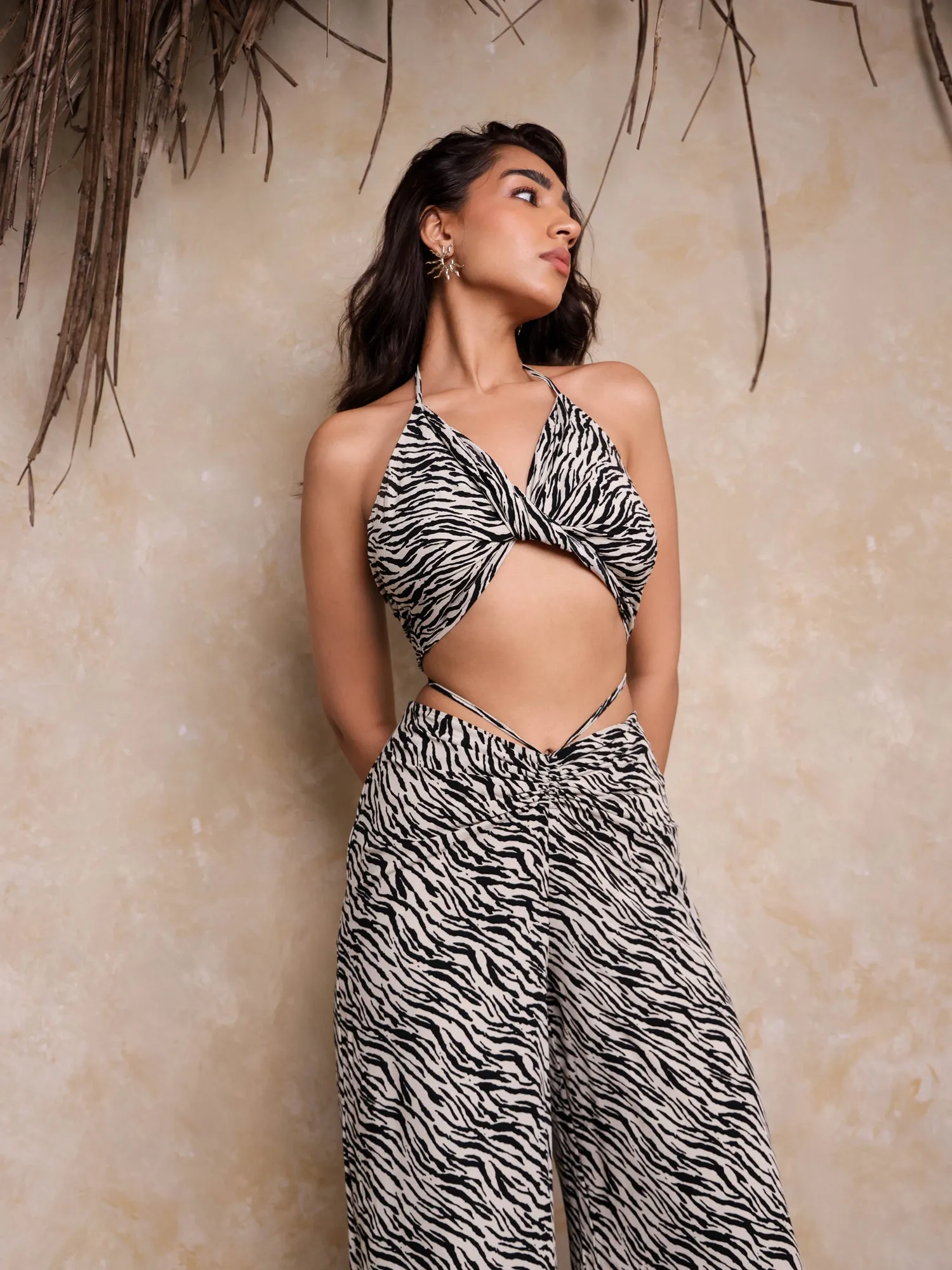 Front Ruched Printed High Waist Wide Leg Pant