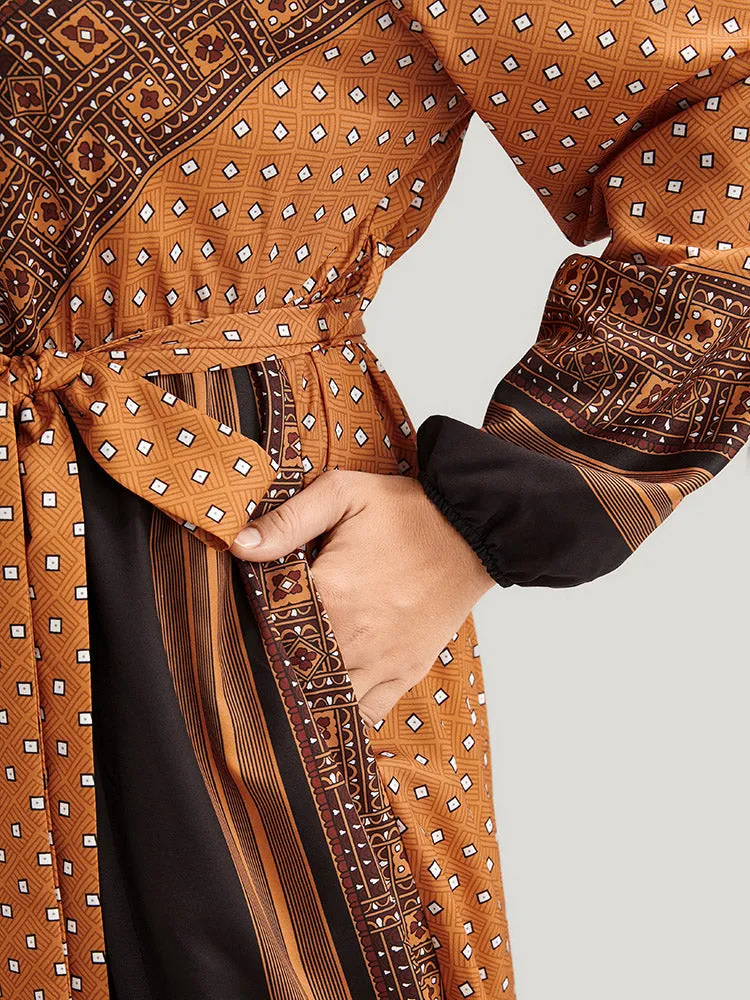 Geometric Split Pocket Belted Wrap Lantern Sleeve Dress