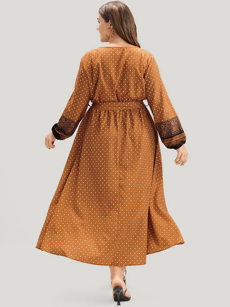 Geometric Split Pocket Belted Wrap Lantern Sleeve Dress