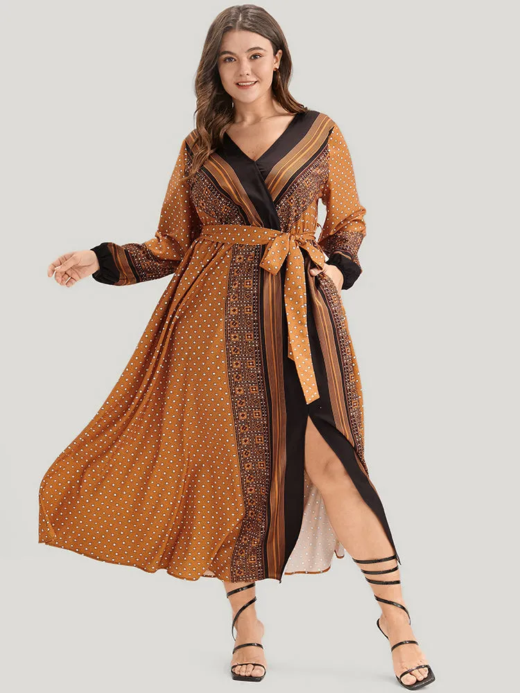 Geometric Split Pocket Belted Wrap Lantern Sleeve Dress