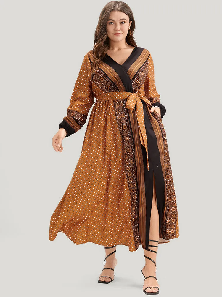 Geometric Split Pocket Belted Wrap Lantern Sleeve Dress