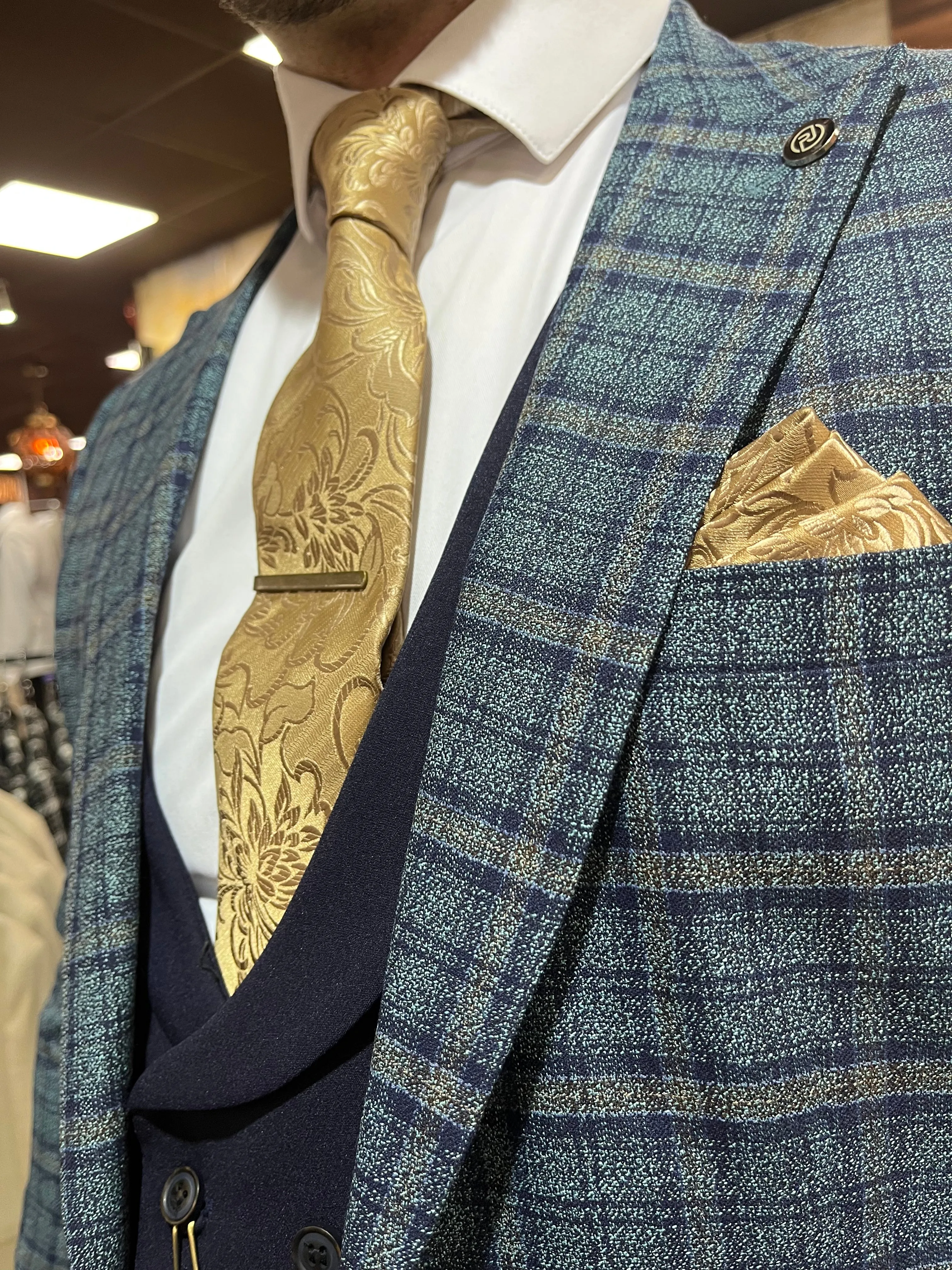 Gibson - Sea Green/Navy/Brown Check 3 Piece Suit