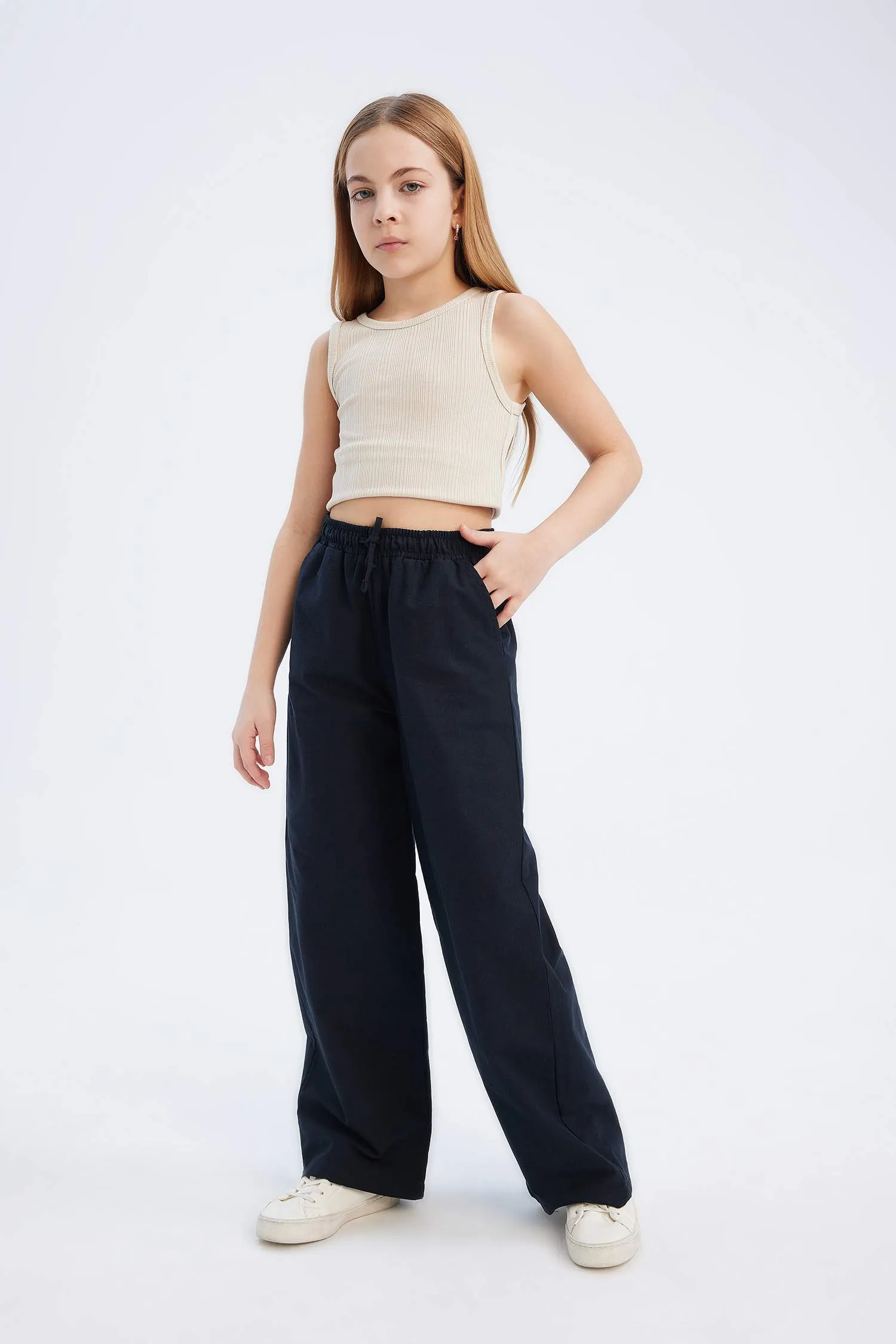 Girls Baby Waist Rubber Wide Leg Wide Wide Pale Cotton Pants
